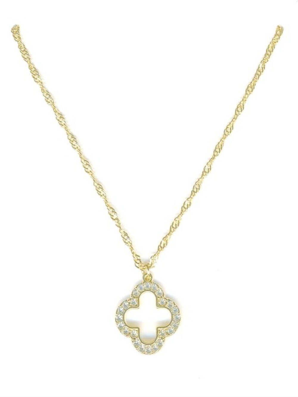 Gold Plated Clover Pave Stones Pendant Necklace with Lobster Clasp